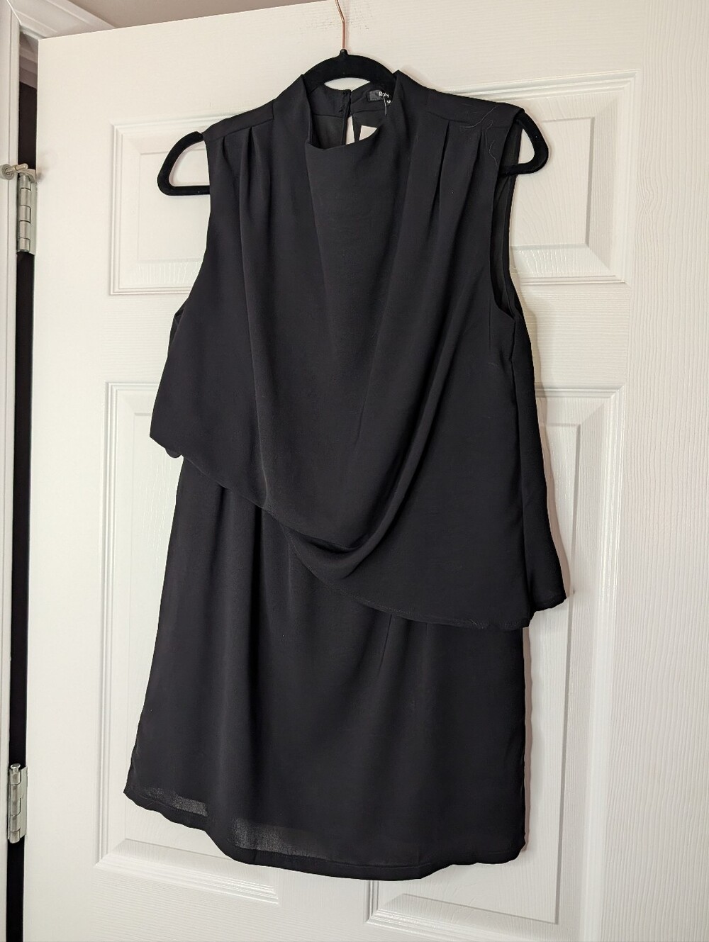Roly Draped Sleeve Cocktail Dress Black Sleeveless Overlay Sheath Size Medium